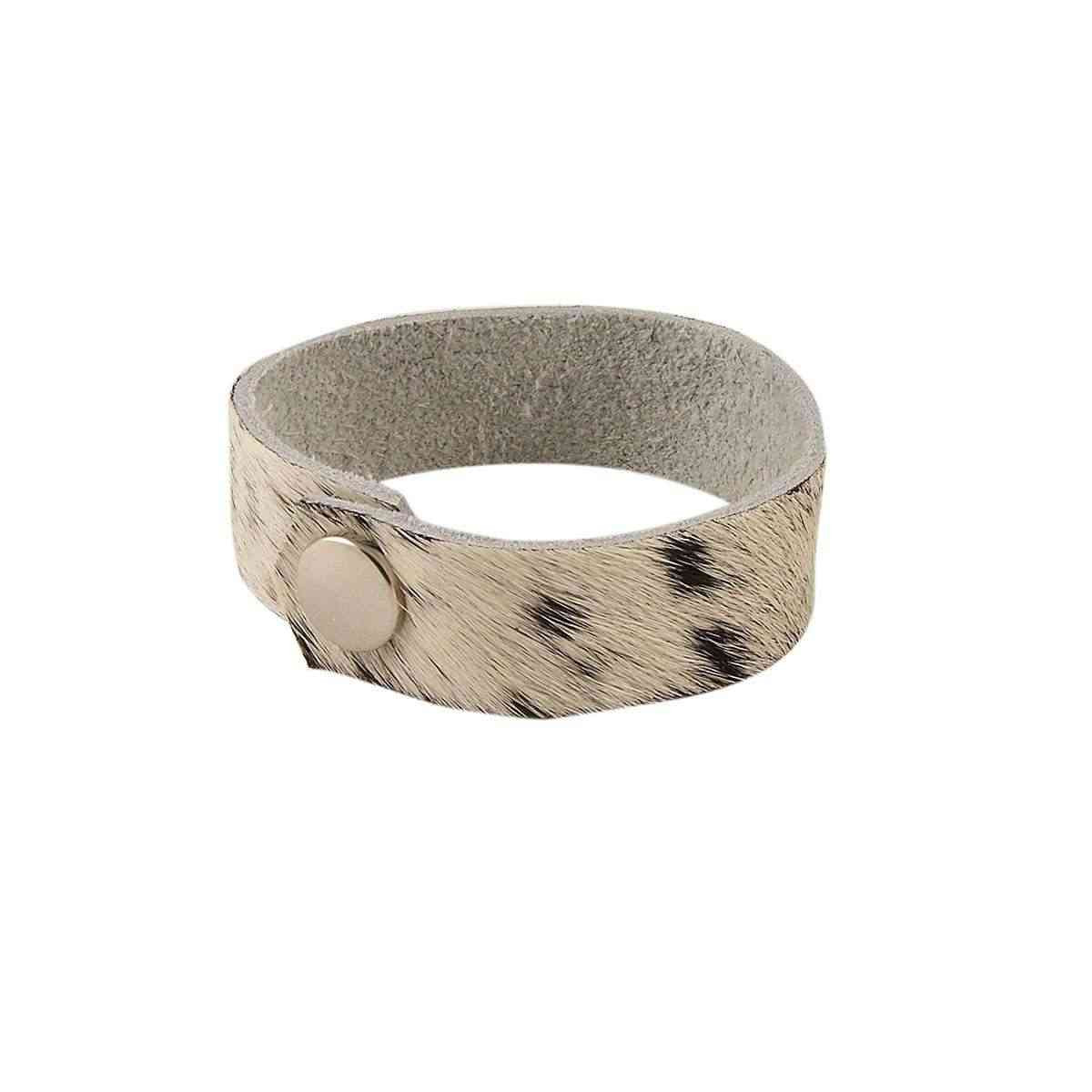 Leather sturdy silver buttoned bracelet. Single Wrap. Cow print